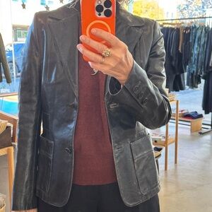 Katayone Adeli Distressed Black Leather Blazer with Notched Collar